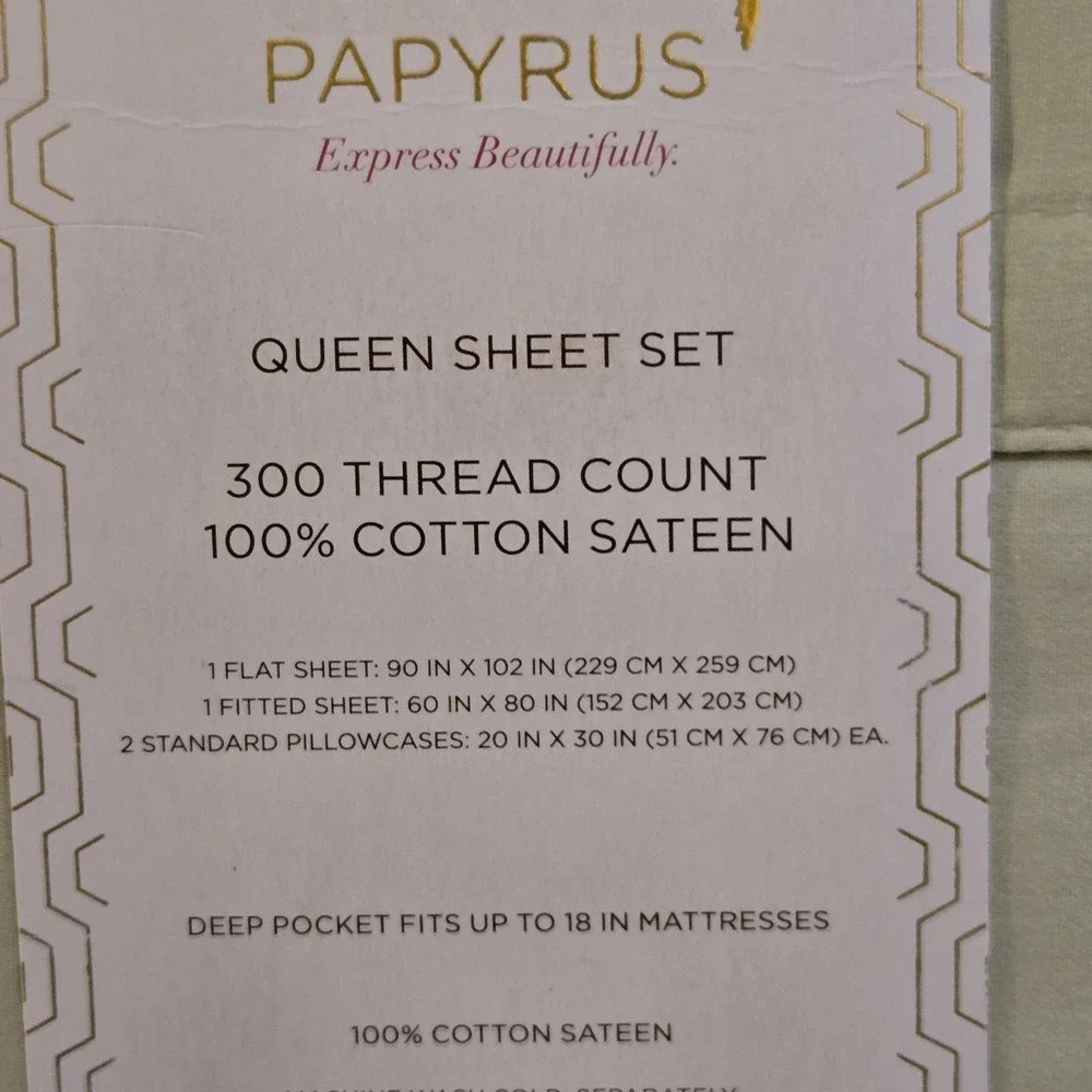 Papyrus Queen Sheet Set Solid Sage Green 100% Cotton Sateen 300 Thread Count